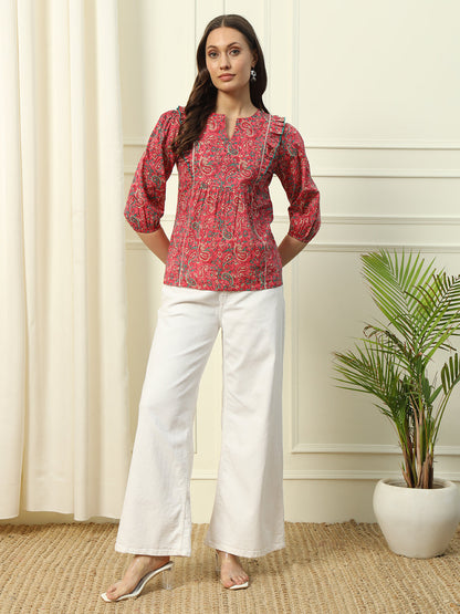 Women's Red Floral Printed Cotton Top