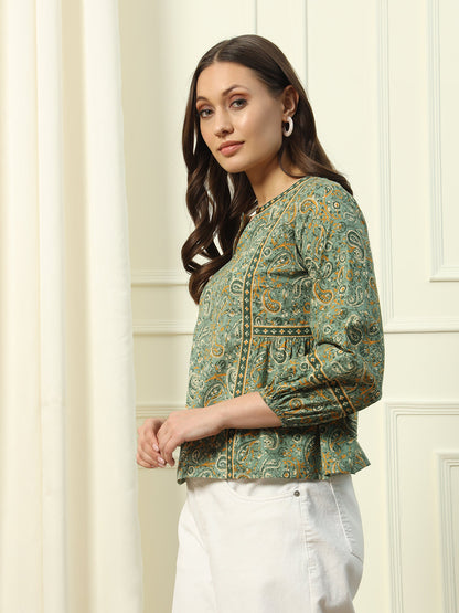Women's Green Floral Printed Cotton Top