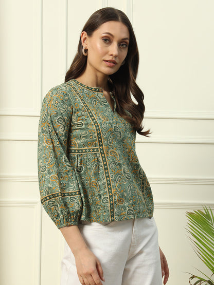 Women's Green Floral Printed Cotton Top