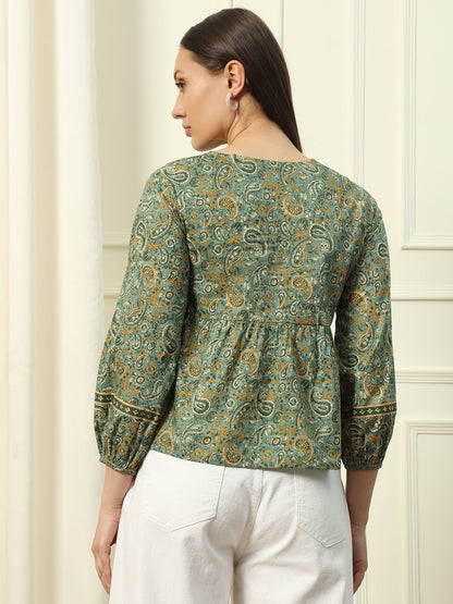 Women's Green Floral Printed Cotton Top