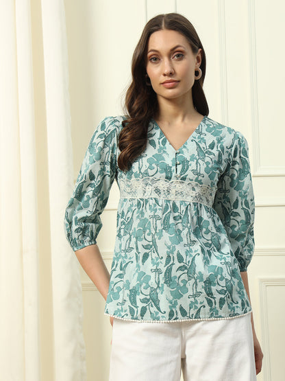 Women's Sky Blue Printed Cotton Top