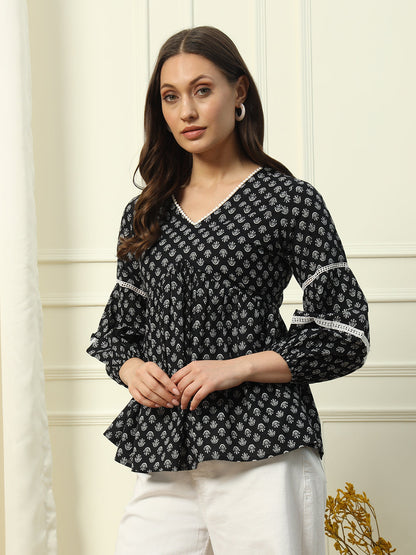 Women's Black Printed Cotton Top