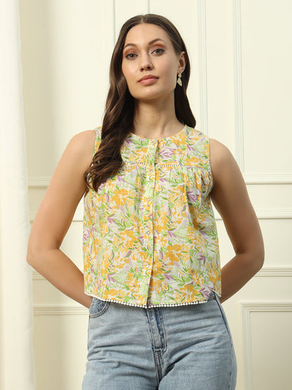 Women's Yellow Floral Printed Cotton Top