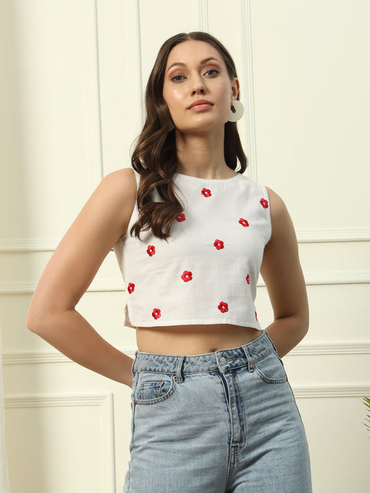 Dhiyona FL Women's White Embroidered Cotton Crop Top