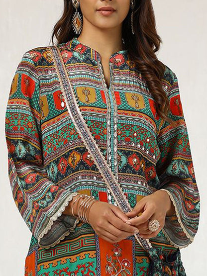 Dhiyona SO Women's Green Ethnic Motifs Printed Mirror Work Kurta With Dhoti Pants & Potli Bag