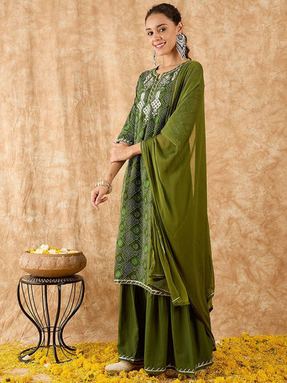 Ethnic Motifs Printed Straight Gotta Patti Kurta with Sharara & Dupatta