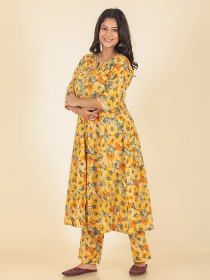 Women's Cotton Yellow Anarkali Kurta Set