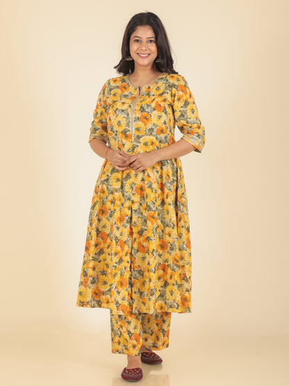 Women's Cotton Yellow Anarkali Kurta Set