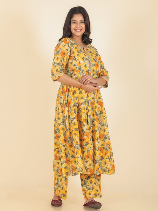 Women's Cotton Yellow Anarkali Kurta Set