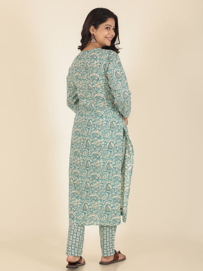 Women's Cotton Green Straight Kurta Set