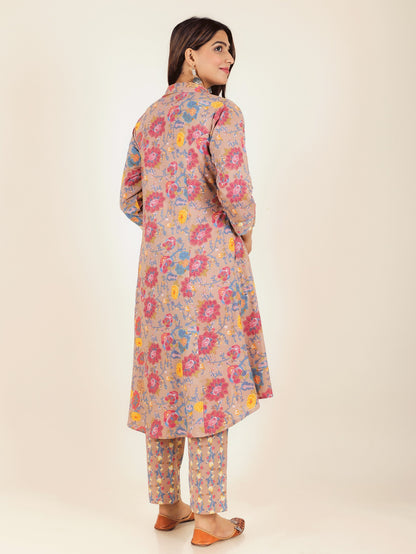 Women's Cotton Brown High Low Kurta Set
