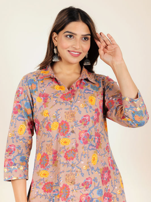 Women's Cotton Brown High Low Kurta