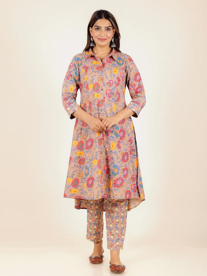 Women's Cotton Brown High Low Kurta Set