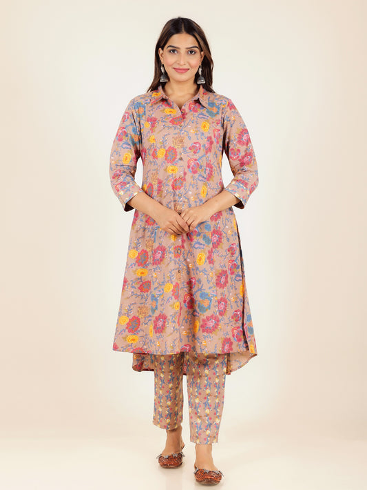 Women's Cotton Brown High Low Kurta Set