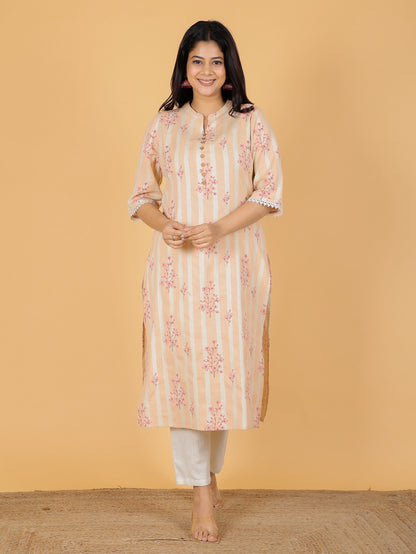 Women's Linen Orange Straight Kurta Set