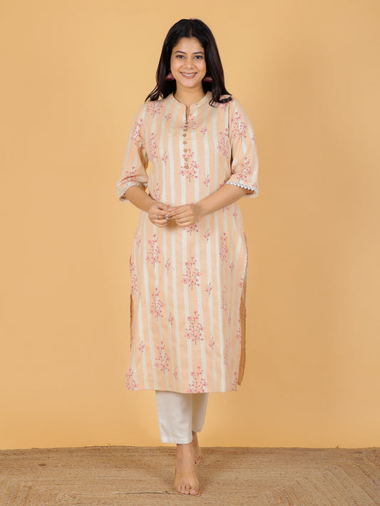 Women's Linen Orange Straight Kurta Set