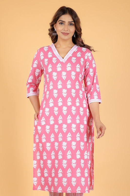 Women's Cotton Pink Straight Kurta