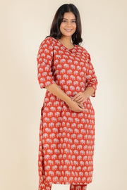 Women's Cotton Red Straight Kurta Set