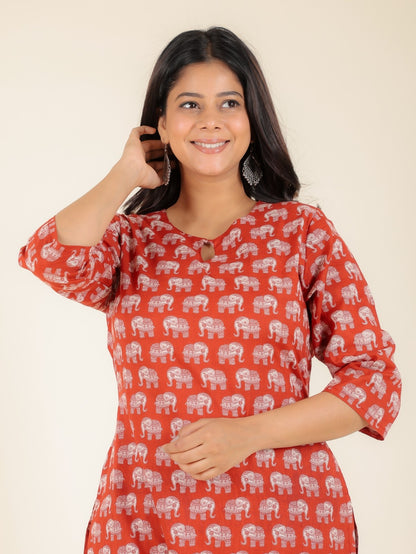 Women's Cotton Red Straight Kurta Set