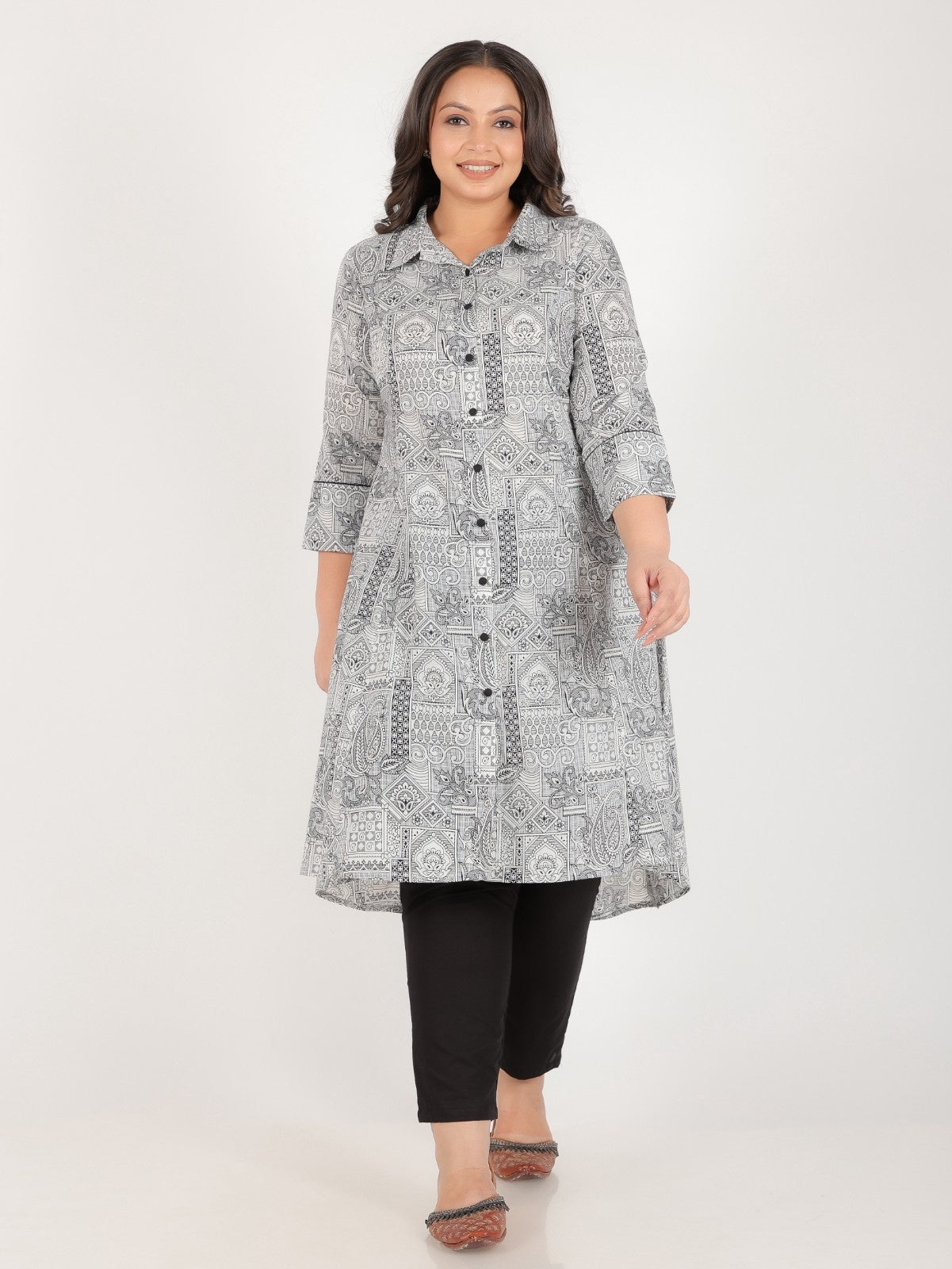 Women's Cotton Black High Low Kurta Set