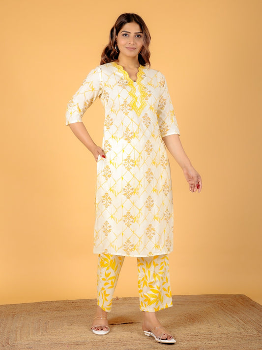 Women's Cotton Yellow Straight Kurta Set