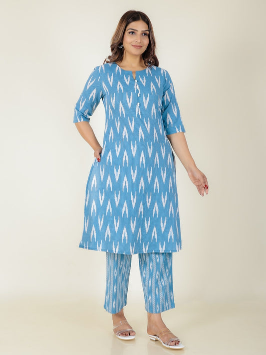 Women's Cotton Blue A-line Kurta Set
