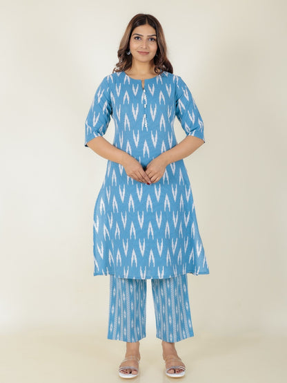 Women's Cotton Blue A-line Kurta Set