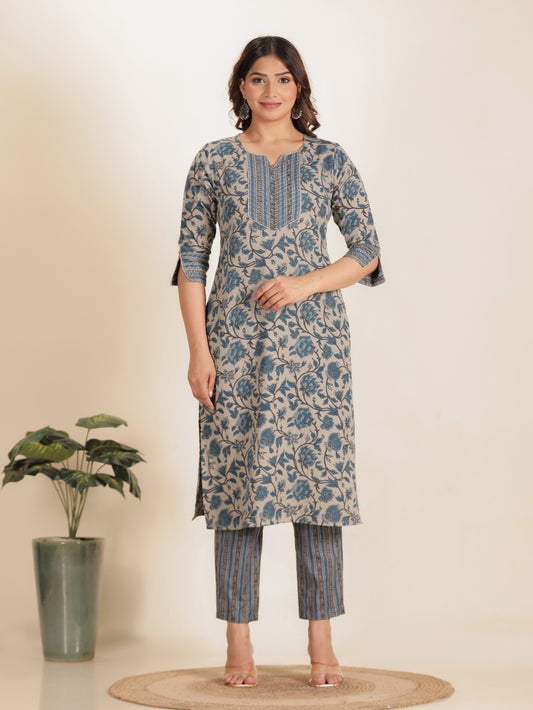 Women's Linen Grey Straight Kurta Set