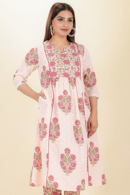 Women's Cotton Pink Panelled Kurta Set