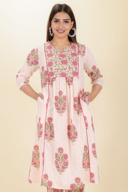 Women's Cotton Pink Panelled Kurta Set