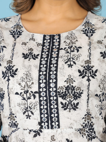 Women's Cotton White Anarkali Kurta Set