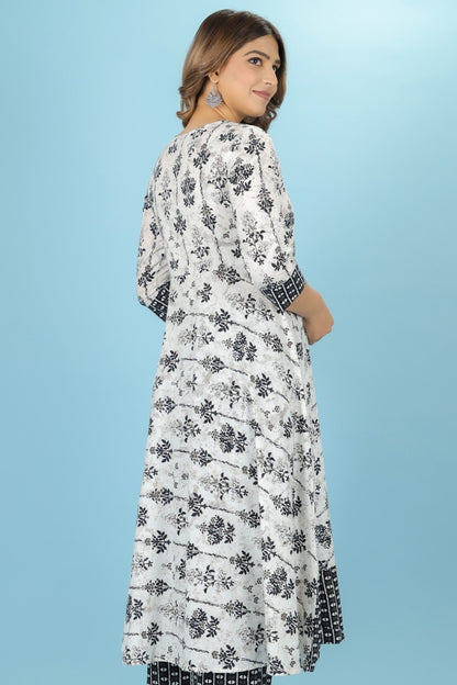 Women's Cotton White Anarkali Kurta Set