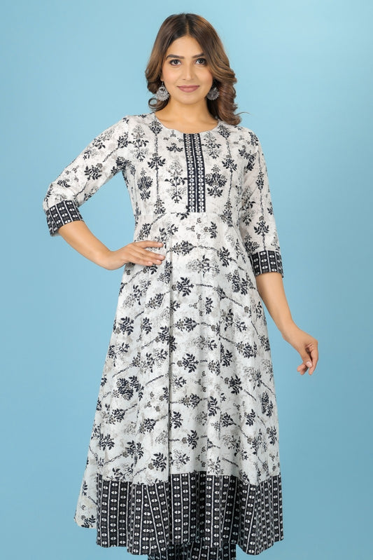 Women's Cotton White Anarkali Kurta Set