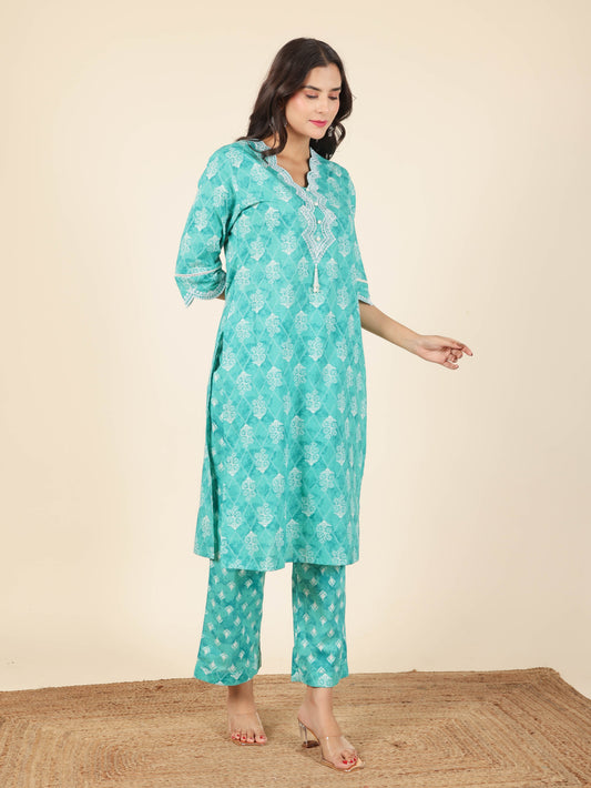 Women's Cotton Multicolor Straight Kurta Set