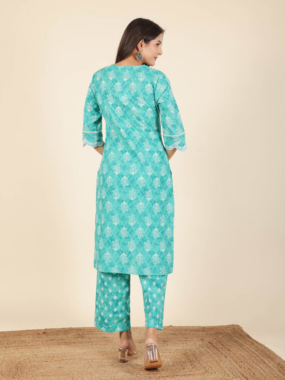 Women's Cotton Green Straight Kurta Set