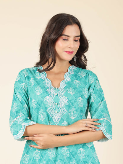 Women's Cotton Green Straight Kurta Set