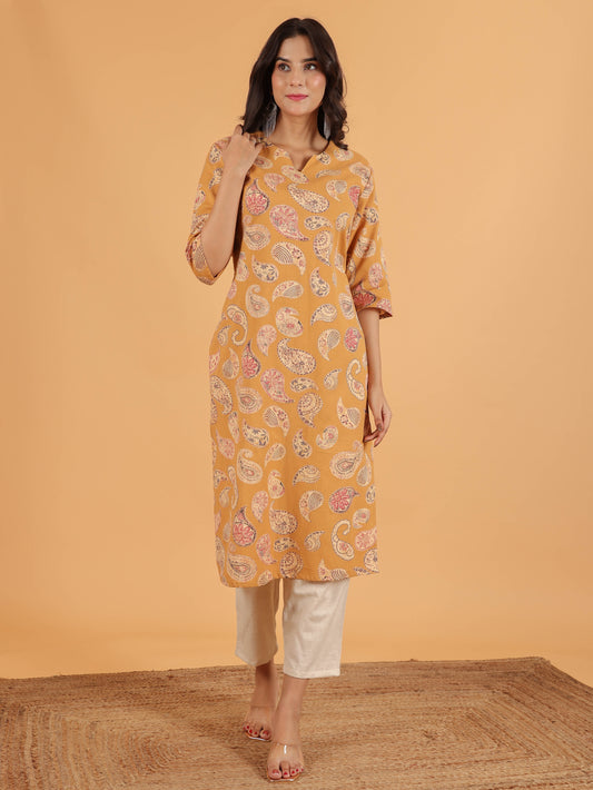 Women's Linen Yellow Straight Kurta Set