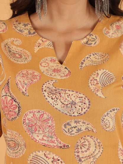 Women's Linen Yellow Straight Kurta Set