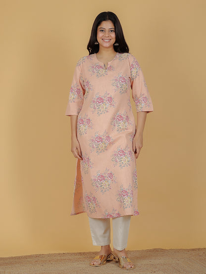 Women's Linen Orange Straight Kurta Set
