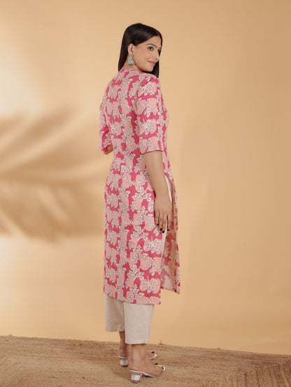 Women's Linen Pink Straight Kurta Set
