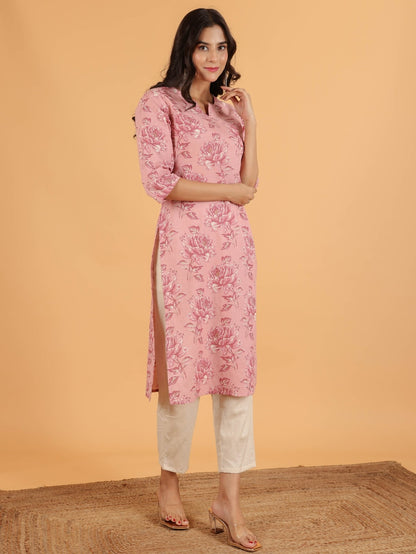 Women's Linen Pink Straight Kurta