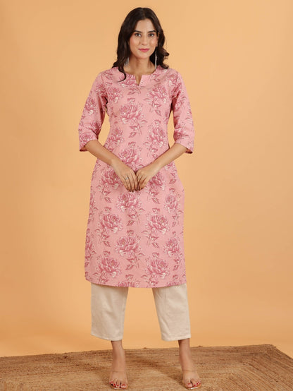 Women's Linen Pink Straight Kurta Set