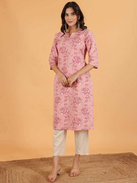 Women's Linen Pink Straight Kurta