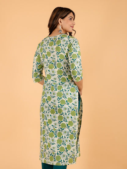 Women's Cotton Green Straight Kurta Set