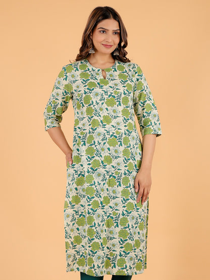 Women's Cotton Green Straight Kurta Set