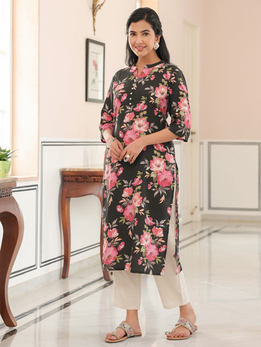 Women's Linen Black Straight Kurta