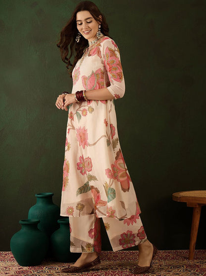 Dhiyona SN Women's Floral Embroidered Mirror Work Kurta with Palazzos