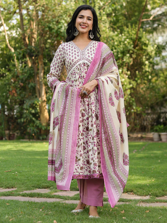 Dhiyona RR Women's Ethnic Motifs Printed Pure Cotton Kurta with Trousers & Dupatta