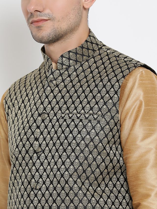 Men's Gold Silk Blend Straight Jacket  Kurta and Dhoti Set