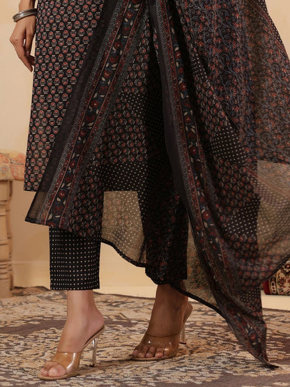 Ethnic Motifs Printed Pure Cotton Straight Kurta With Trousers & Dupatta